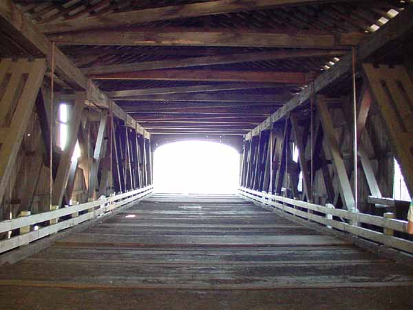 Inside view of the widest covered bridge in Oregon, the Lowell Bridge over the Dexter Reservoir.